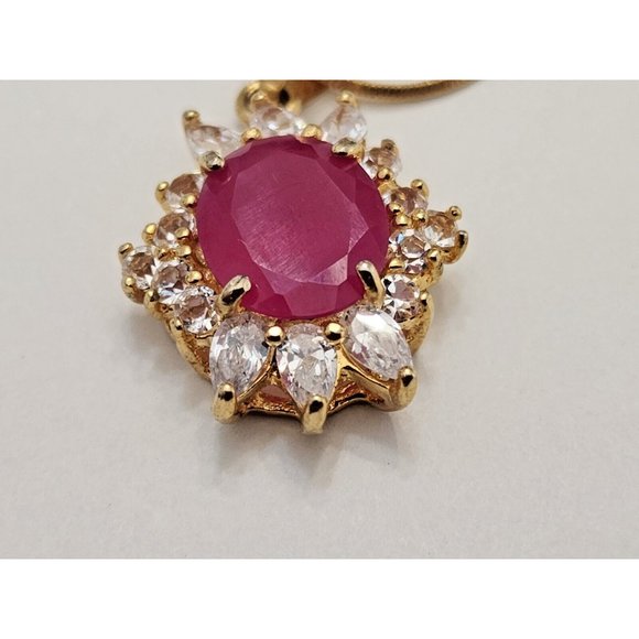 18k Gold Plated Ruby & Clear Cubic Zirconia CZ Pendant Necklace - Picture 7 of 13